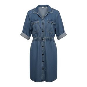 VTG Ideas Denim Shirt Dress Blue Button Front Elastic Waist - M